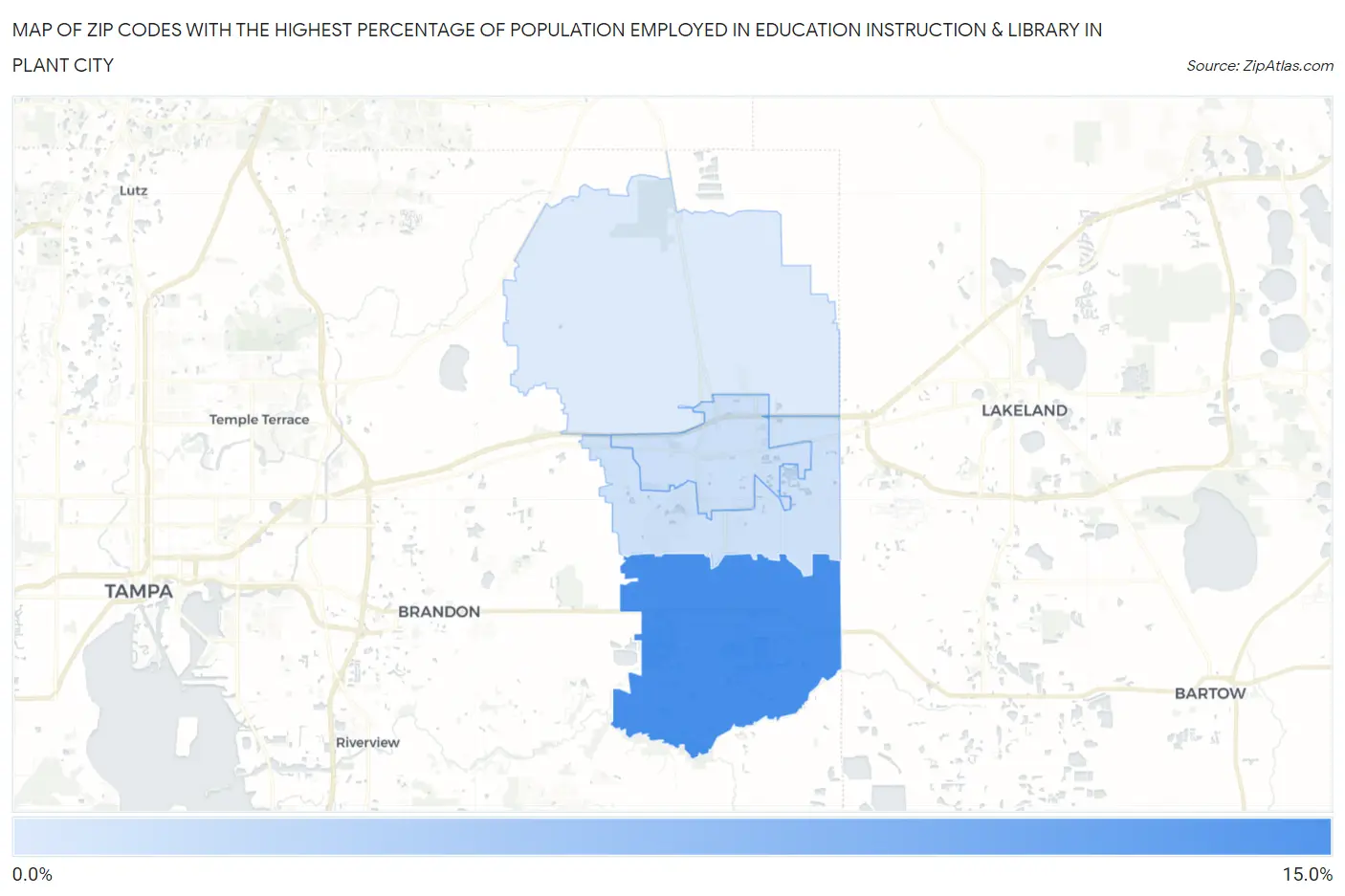 Zip Codes with the Highest Percentage of Population Employed in Education Instruction & Library in Plant City Map