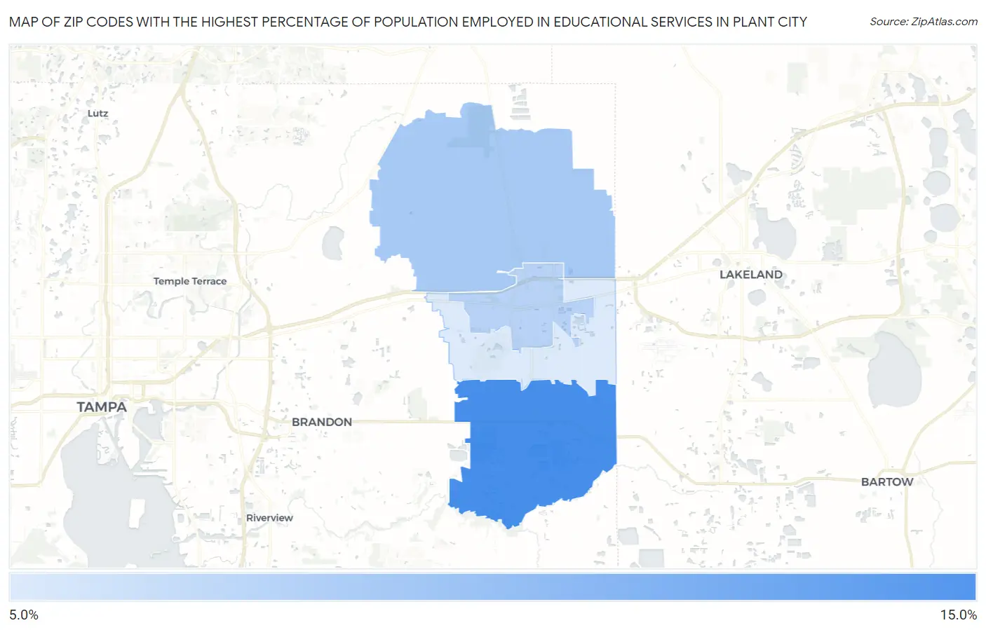 Zip Codes with the Highest Percentage of Population Employed in Educational Services in Plant City Map