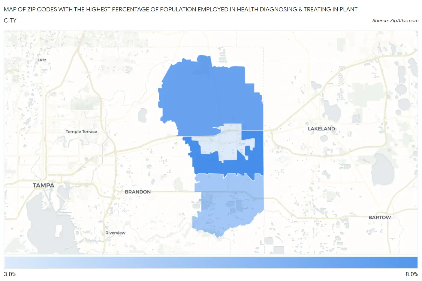 Zip Codes with the Highest Percentage of Population Employed in Health Diagnosing & Treating in Plant City Map