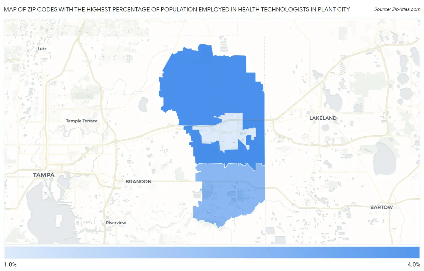 Zip Codes with the Highest Percentage of Population Employed in Health Technologists in Plant City Map