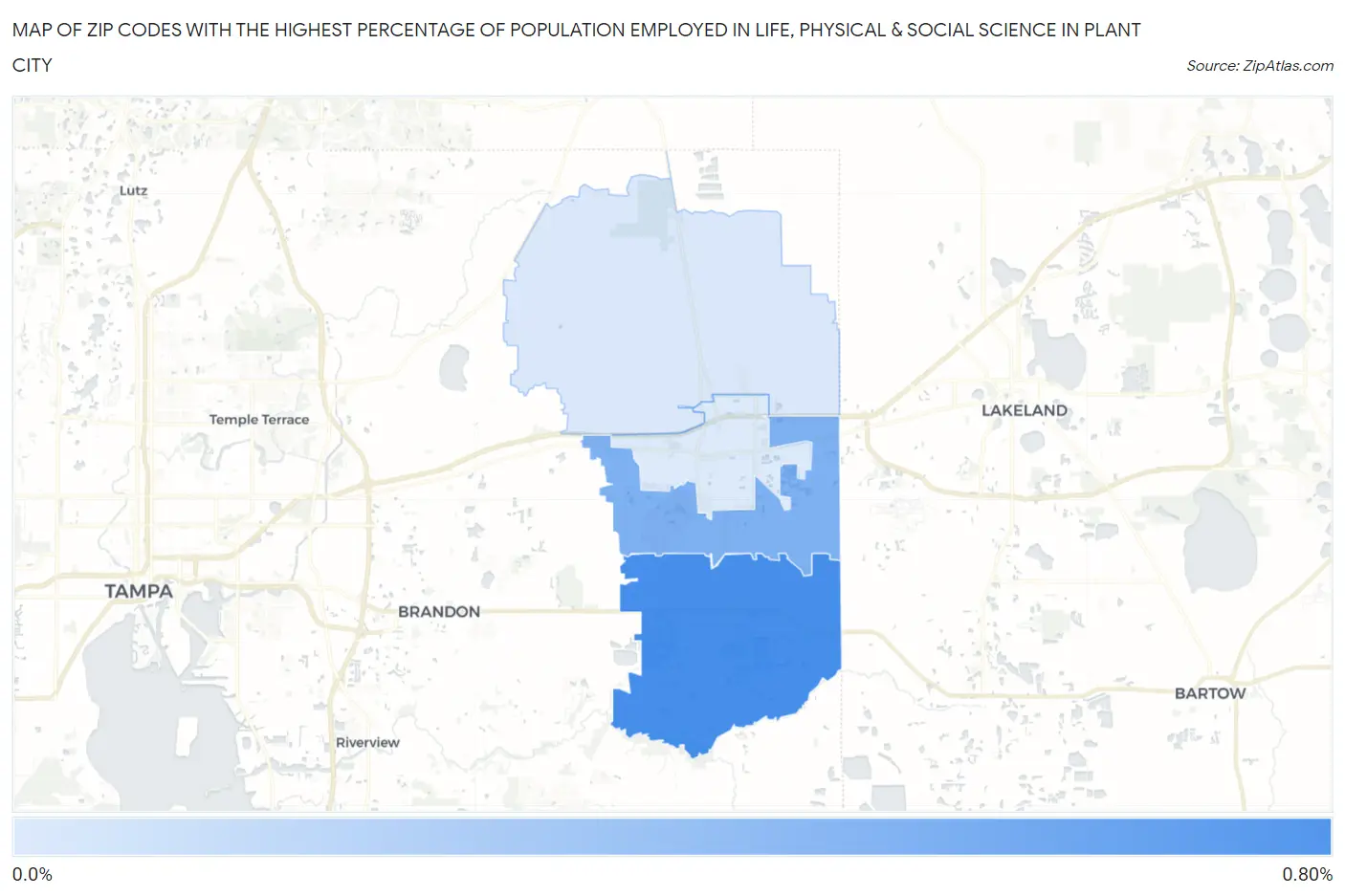 Zip Codes with the Highest Percentage of Population Employed in Life, Physical & Social Science in Plant City Map