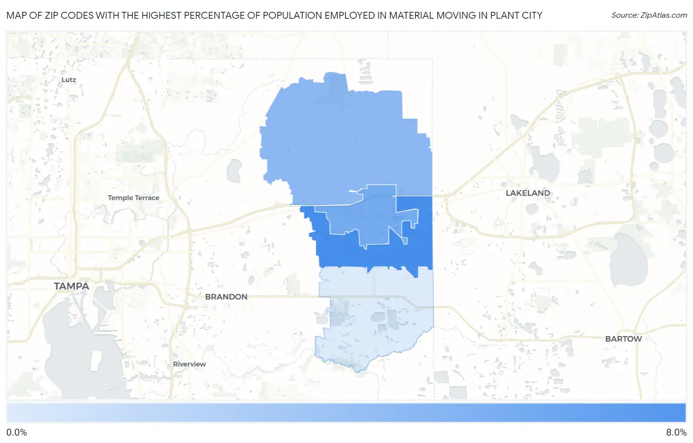 Zip Codes with the Highest Percentage of Population Employed in Material Moving in Plant City Map