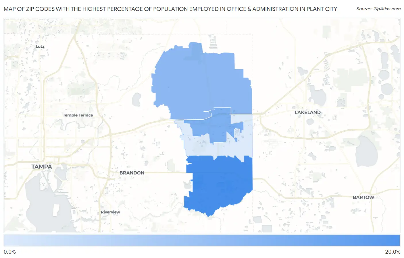 Zip Codes with the Highest Percentage of Population Employed in Office & Administration in Plant City Map