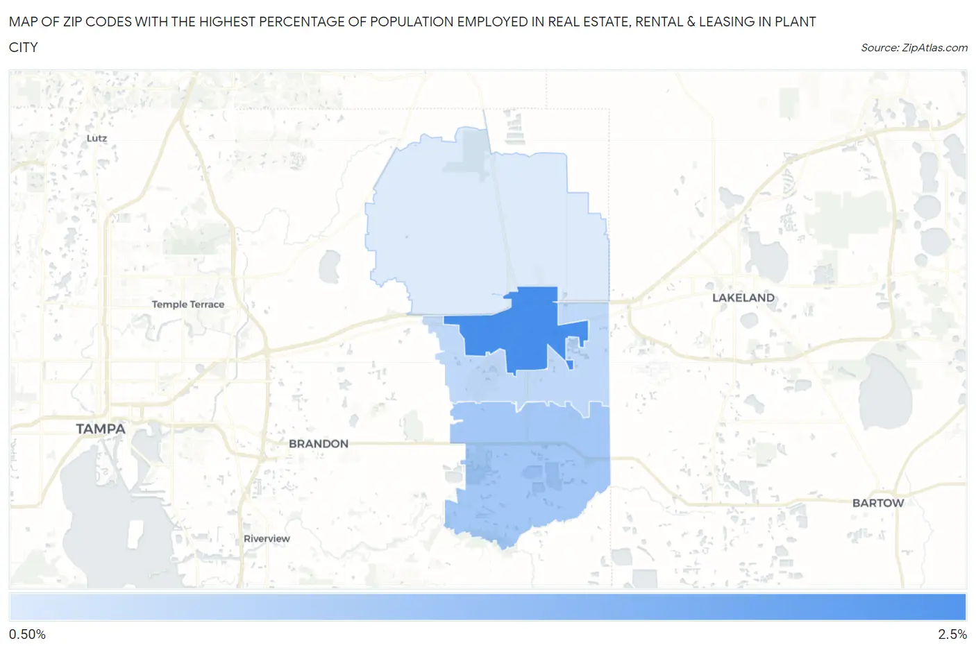 Zip Codes with the Highest Percentage of Population Employed in Real Estate, Rental & Leasing in Plant City Map