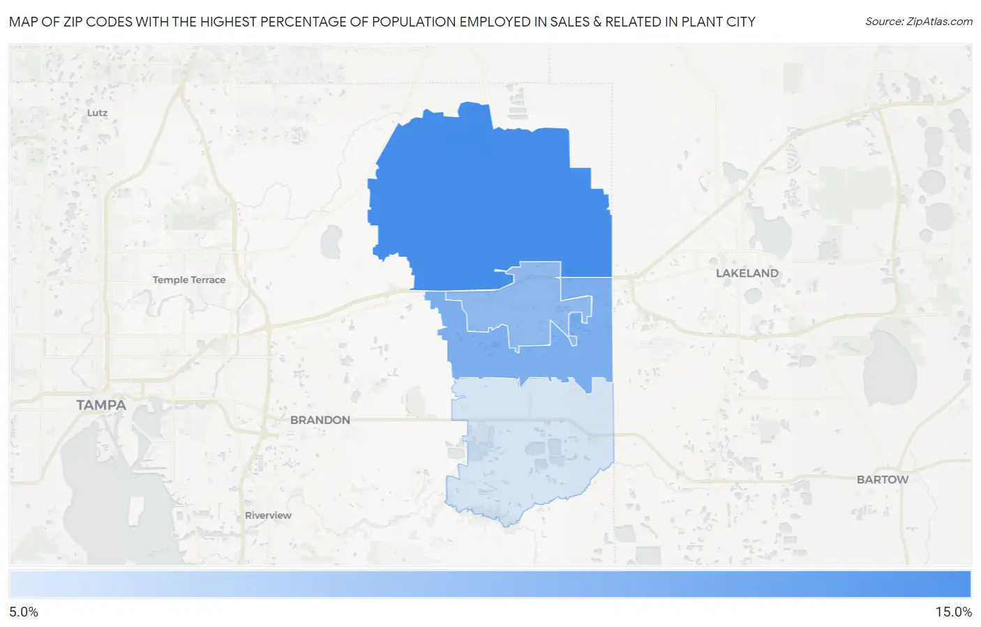 Zip Codes with the Highest Percentage of Population Employed in Sales & Related in Plant City Map
