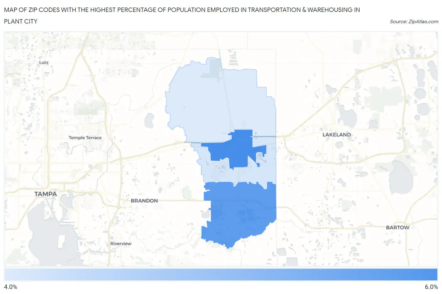 Zip Codes with the Highest Percentage of Population Employed in Transportation & Warehousing in Plant City Map
