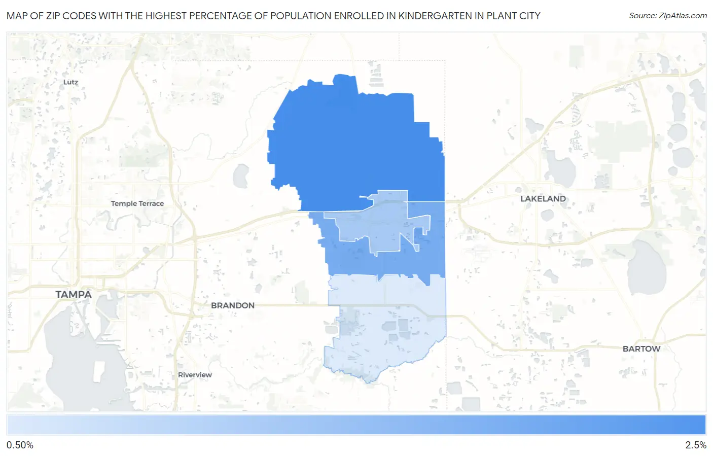 Zip Codes with the Highest Percentage of Population Enrolled in Kindergarten in Plant City Map