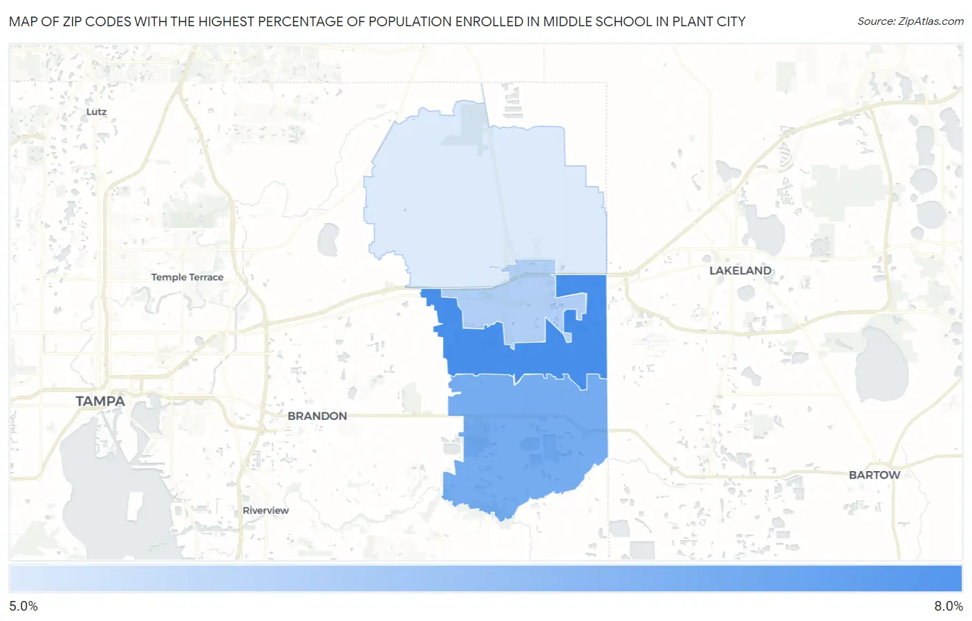 Zip Codes with the Highest Percentage of Population Enrolled in Middle School in Plant City Map