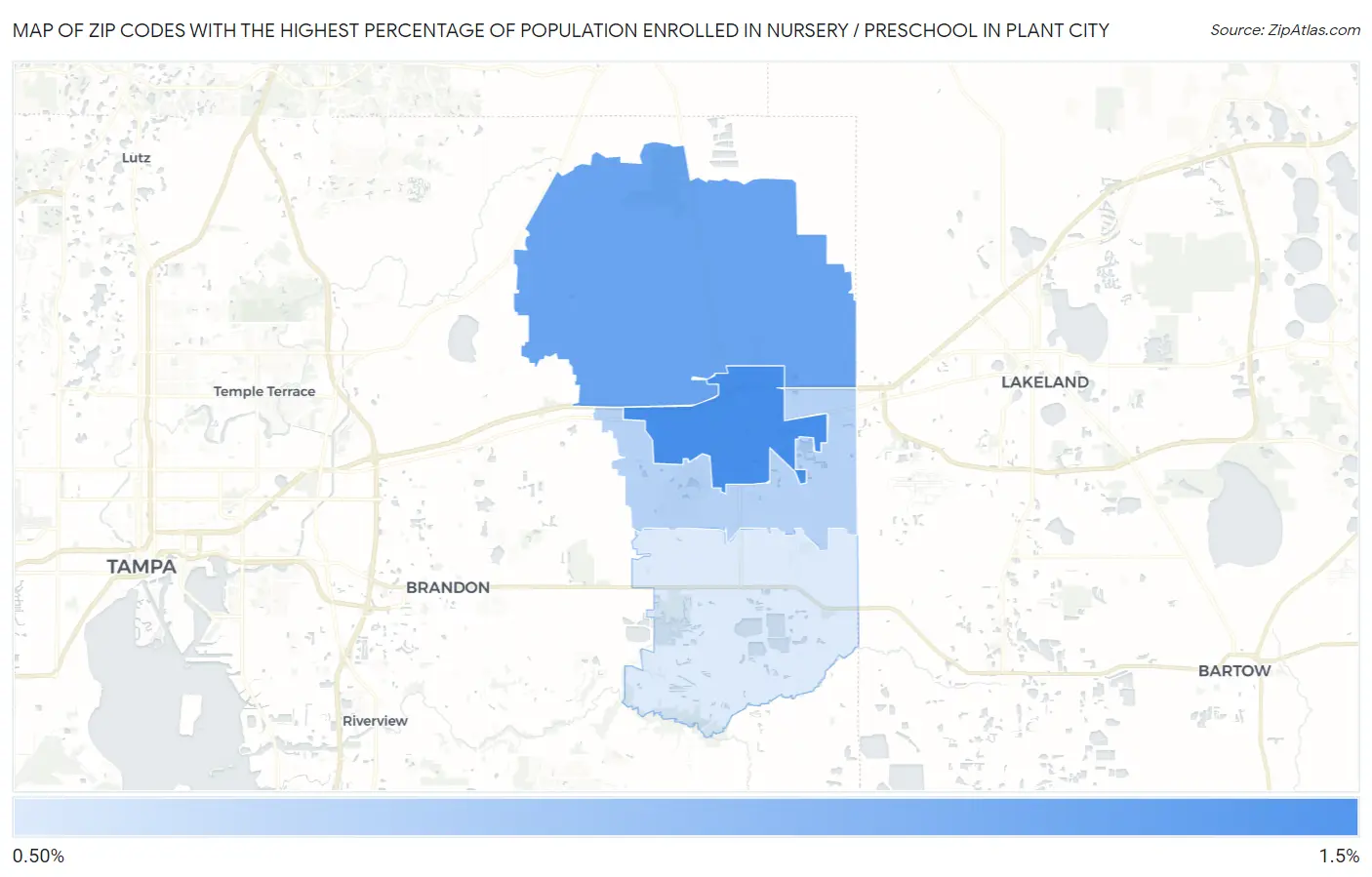 Zip Codes with the Highest Percentage of Population Enrolled in Nursery / Preschool in Plant City Map