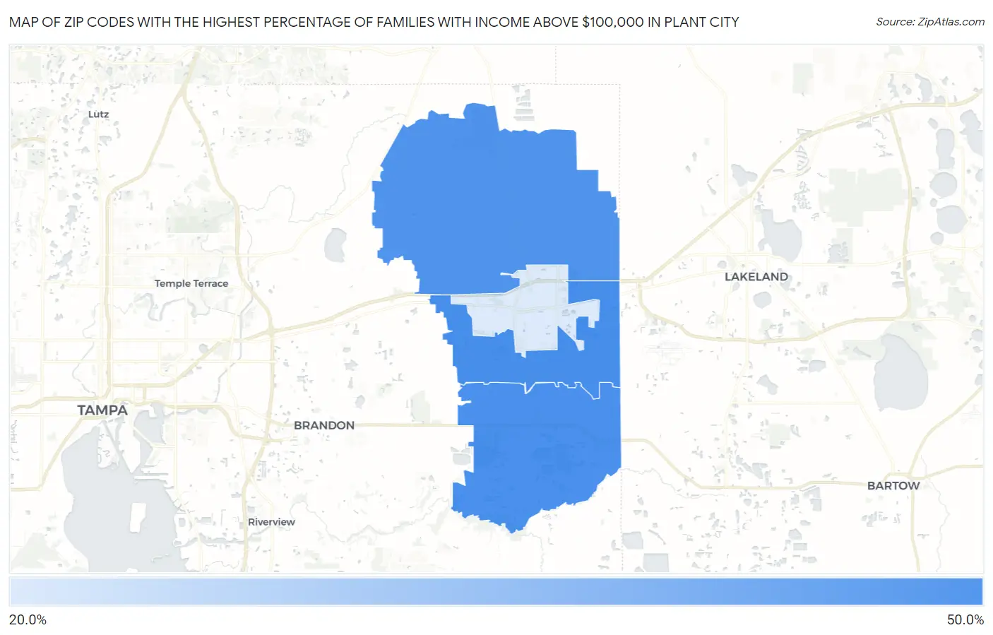 Zip Codes with the Highest Percentage of Families with Income Above $100,000 in Plant City Map