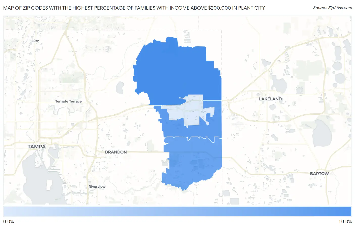 Zip Codes with the Highest Percentage of Families with Income Above $200,000 in Plant City Map