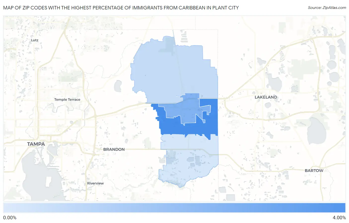 Zip Codes with the Highest Percentage of Immigrants from Caribbean in Plant City Map
