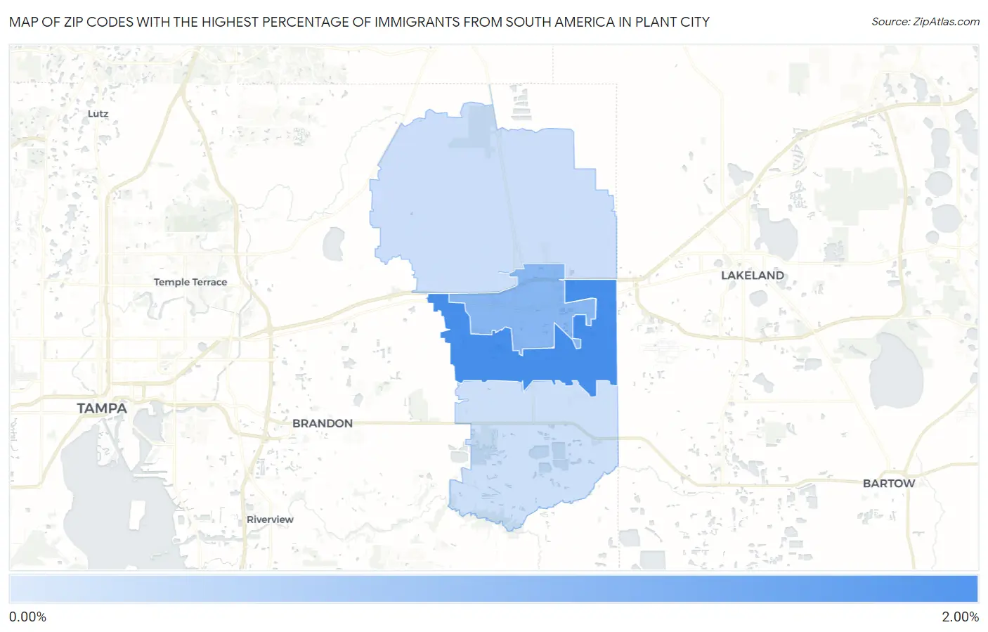 Zip Codes with the Highest Percentage of Immigrants from South America in Plant City Map