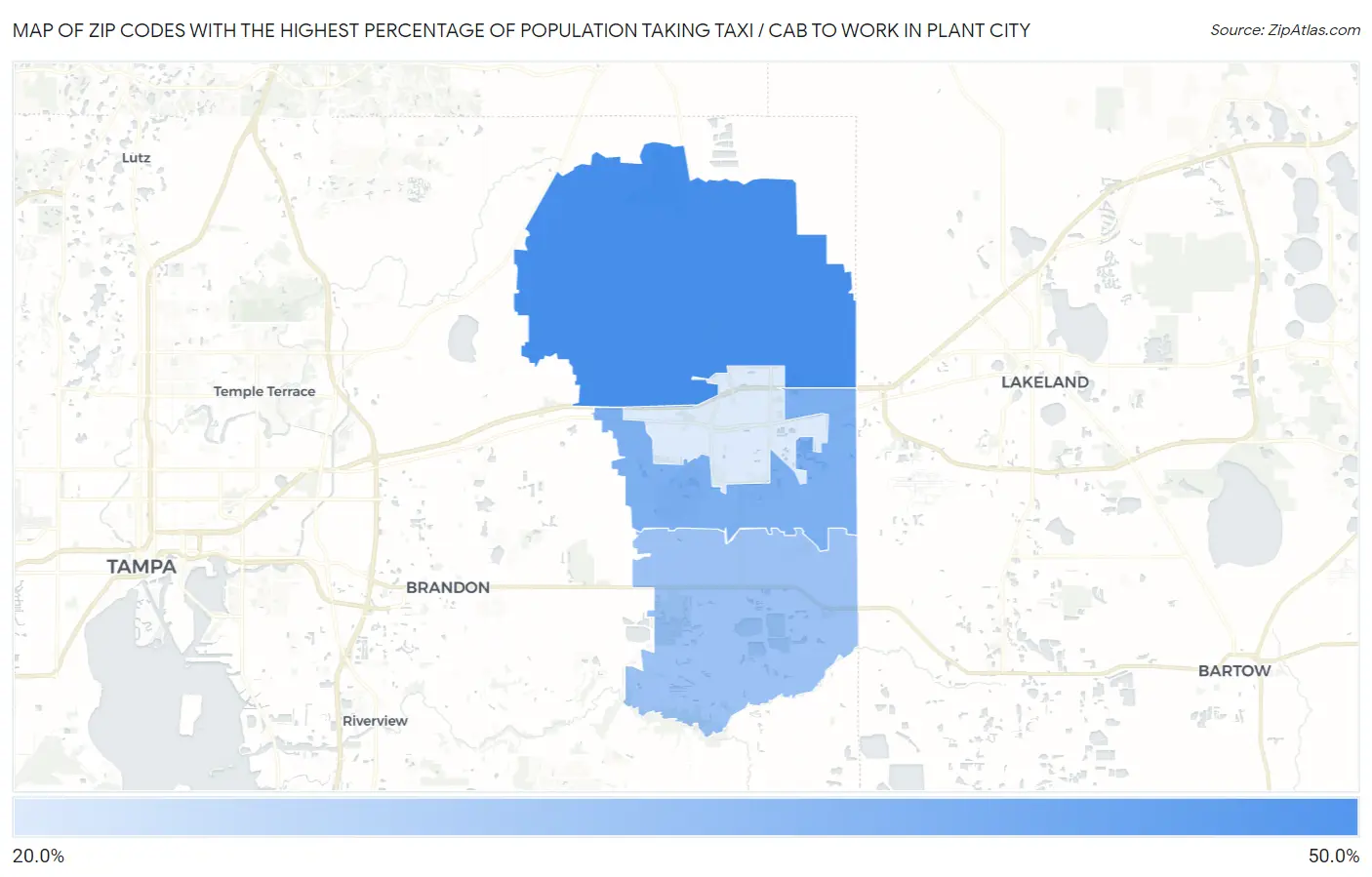 Zip Codes with the Highest Percentage of Population Taking Taxi / Cab to Work in Plant City Map