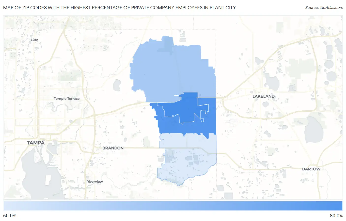 Zip Codes with the Highest Percentage of Private Company Employees in Plant City Map