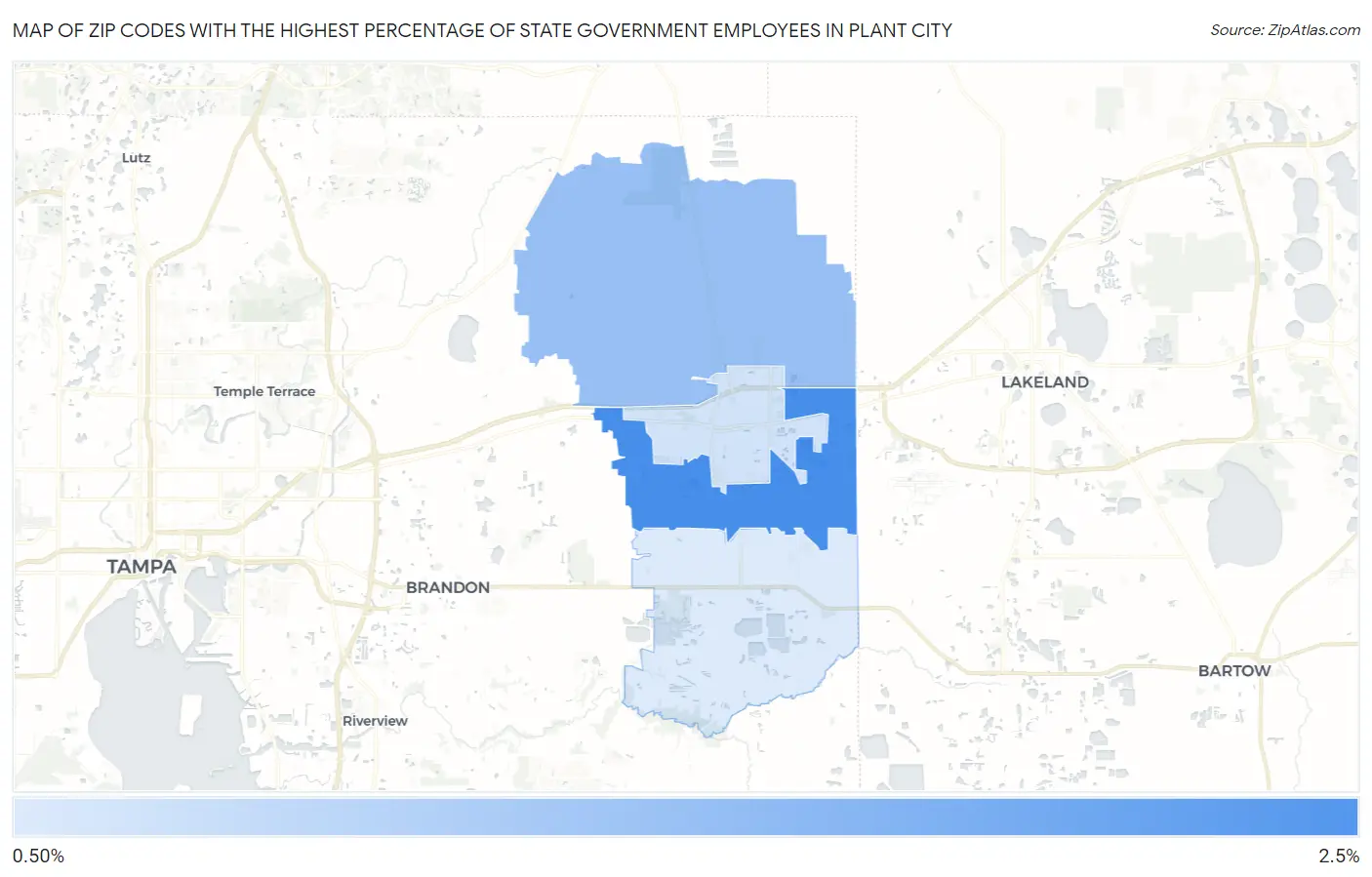 Zip Codes with the Highest Percentage of State Government Employees in Plant City Map
