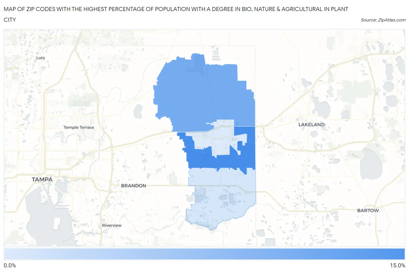 Zip Codes with the Highest Percentage of Population with a Degree in Bio, Nature & Agricultural in Plant City Map
