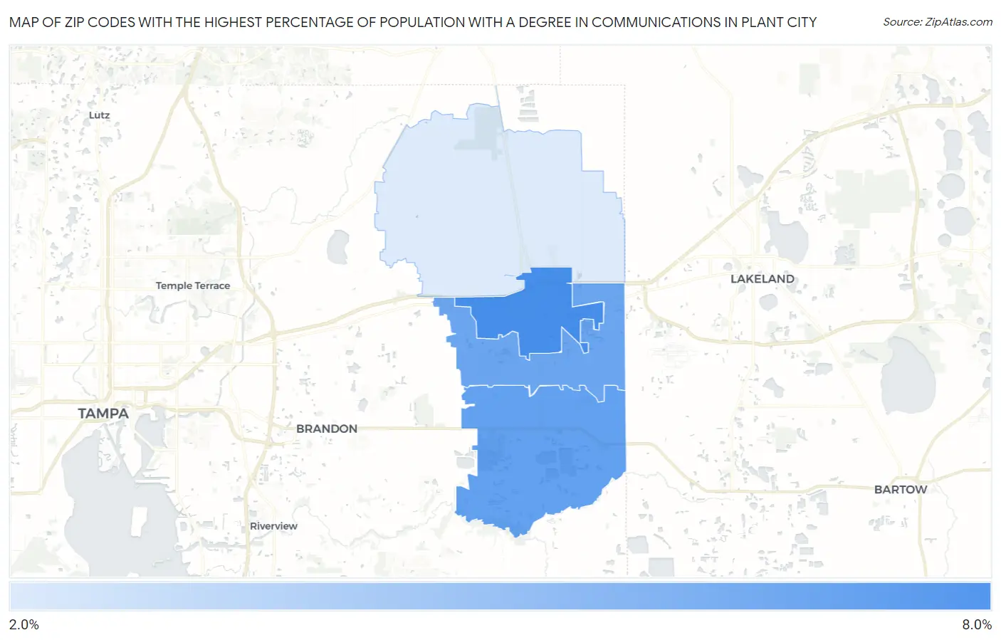 Zip Codes with the Highest Percentage of Population with a Degree in Communications in Plant City Map
