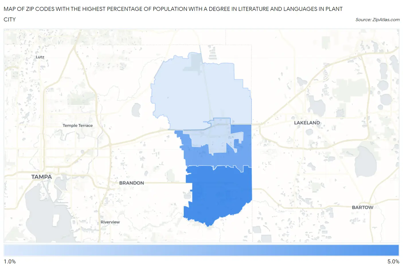 Zip Codes with the Highest Percentage of Population with a Degree in Literature and Languages in Plant City Map