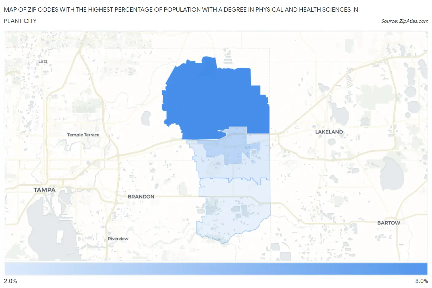 Zip Codes with the Highest Percentage of Population with a Degree in Physical and Health Sciences in Plant City Map
