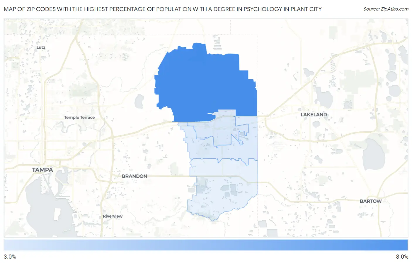 Zip Codes with the Highest Percentage of Population with a Degree in Psychology in Plant City Map