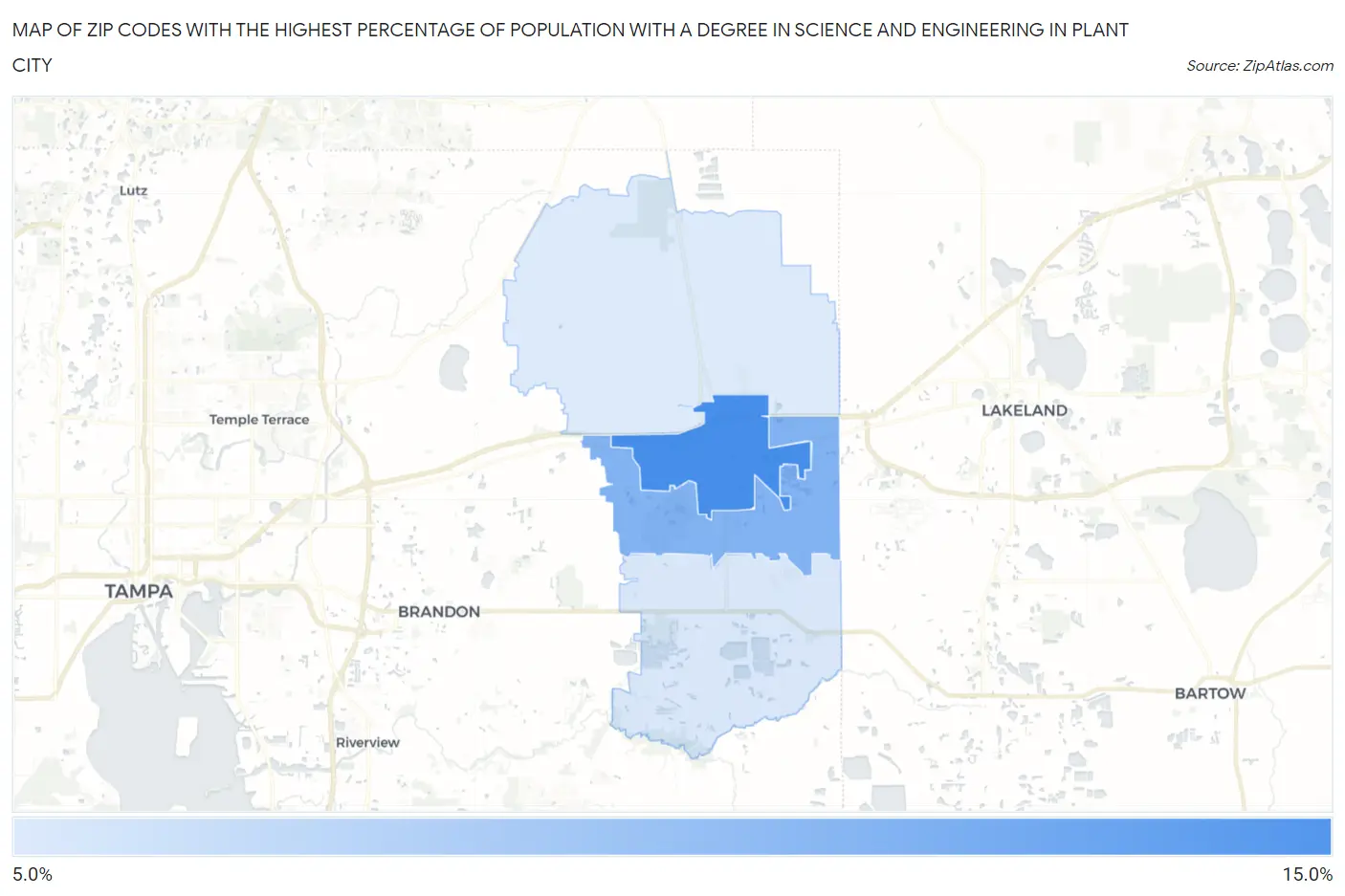 Zip Codes with the Highest Percentage of Population with a Degree in Science and Engineering in Plant City Map