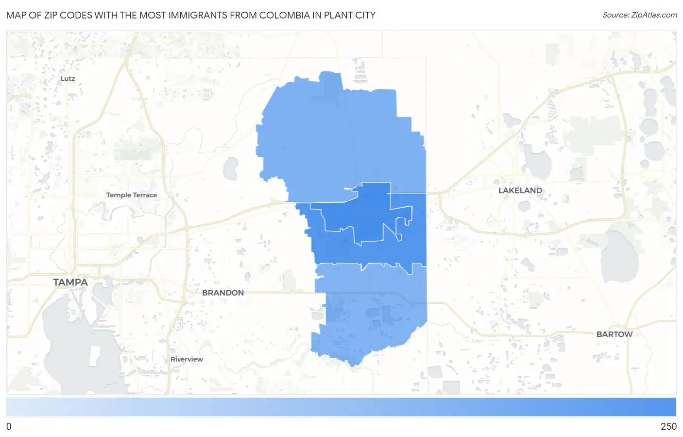 Zip Codes with the Most Immigrants from Colombia in Plant City Map