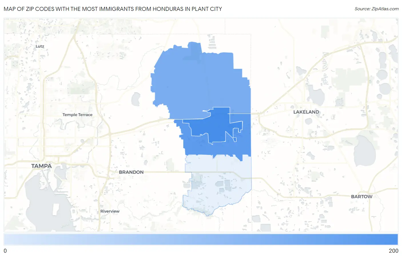 Zip Codes with the Most Immigrants from Honduras in Plant City Map