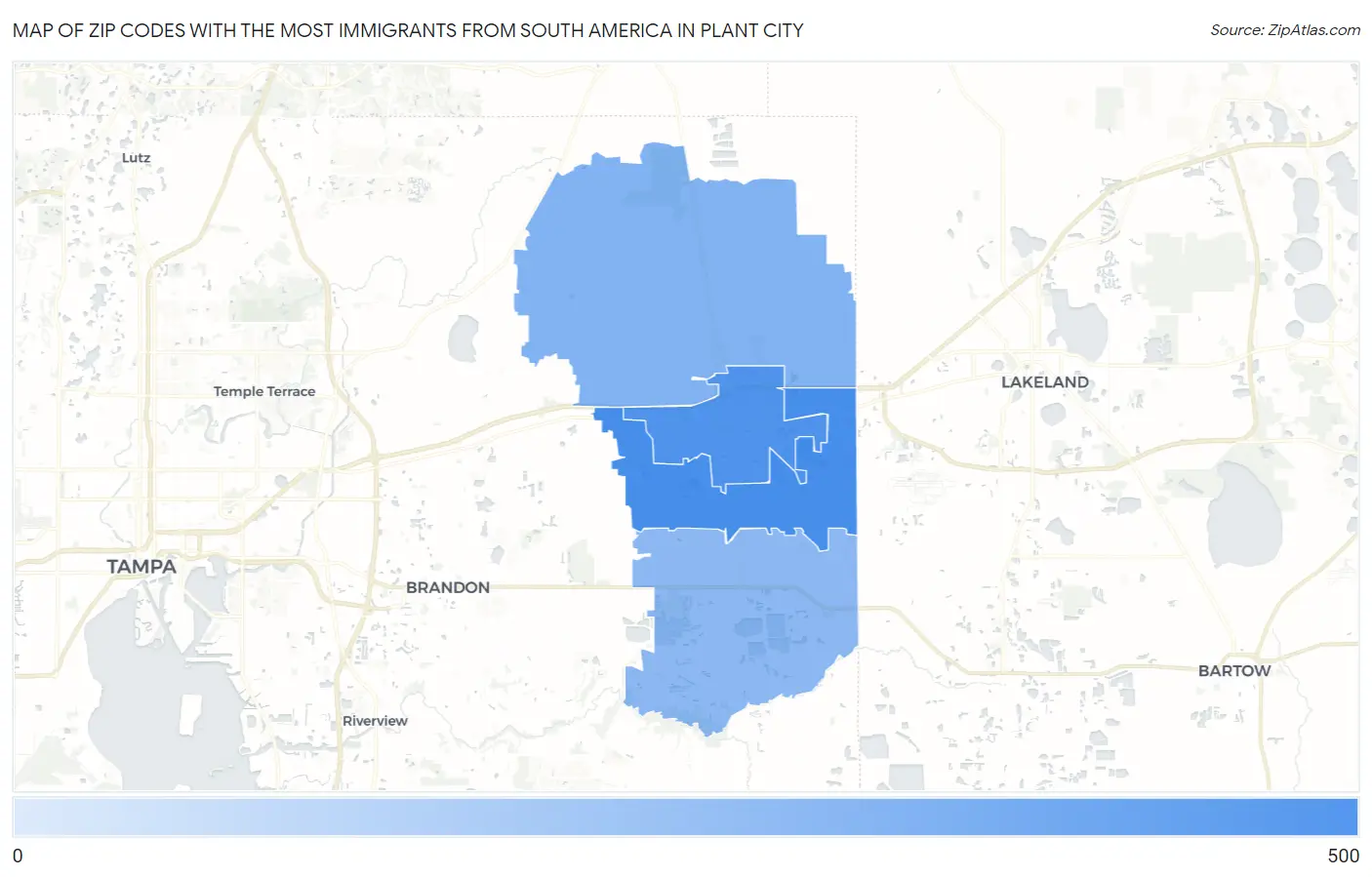 Zip Codes with the Most Immigrants from South America in Plant City Map