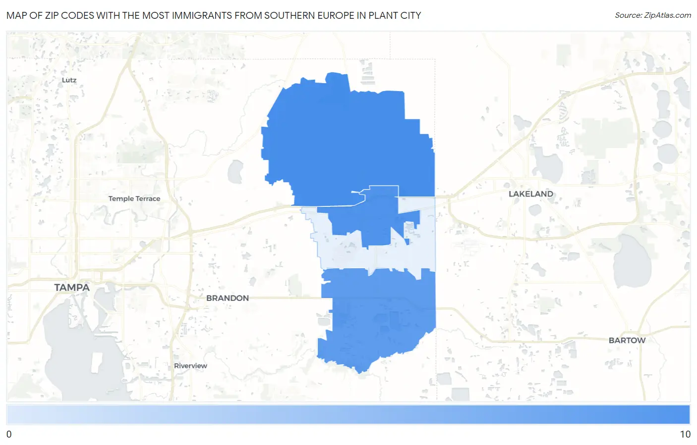 Zip Codes with the Most Immigrants from Southern Europe in Plant City Map