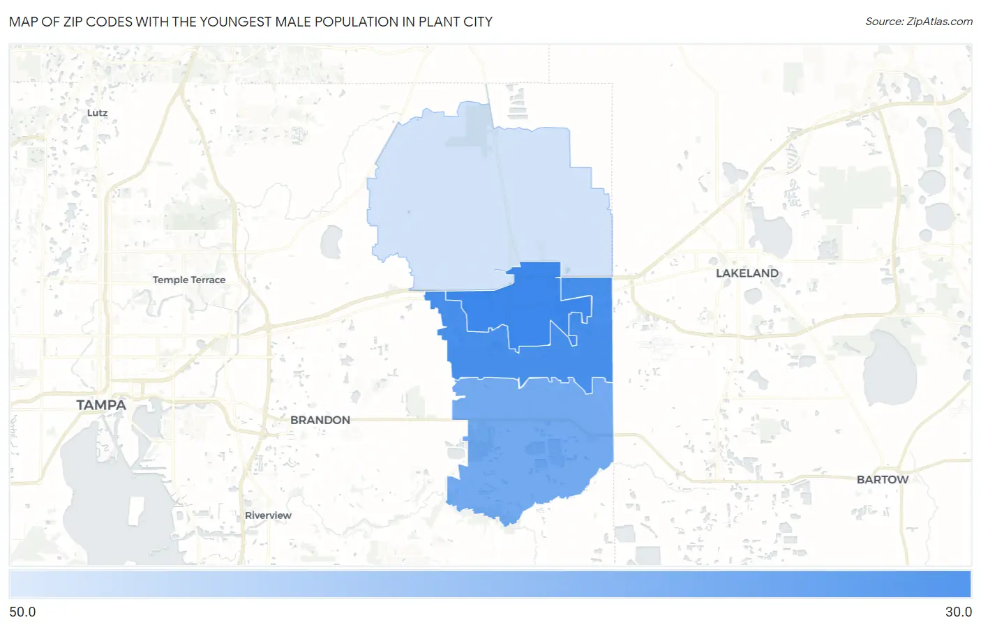 Zip Codes with the Youngest Male Population in Plant City Map