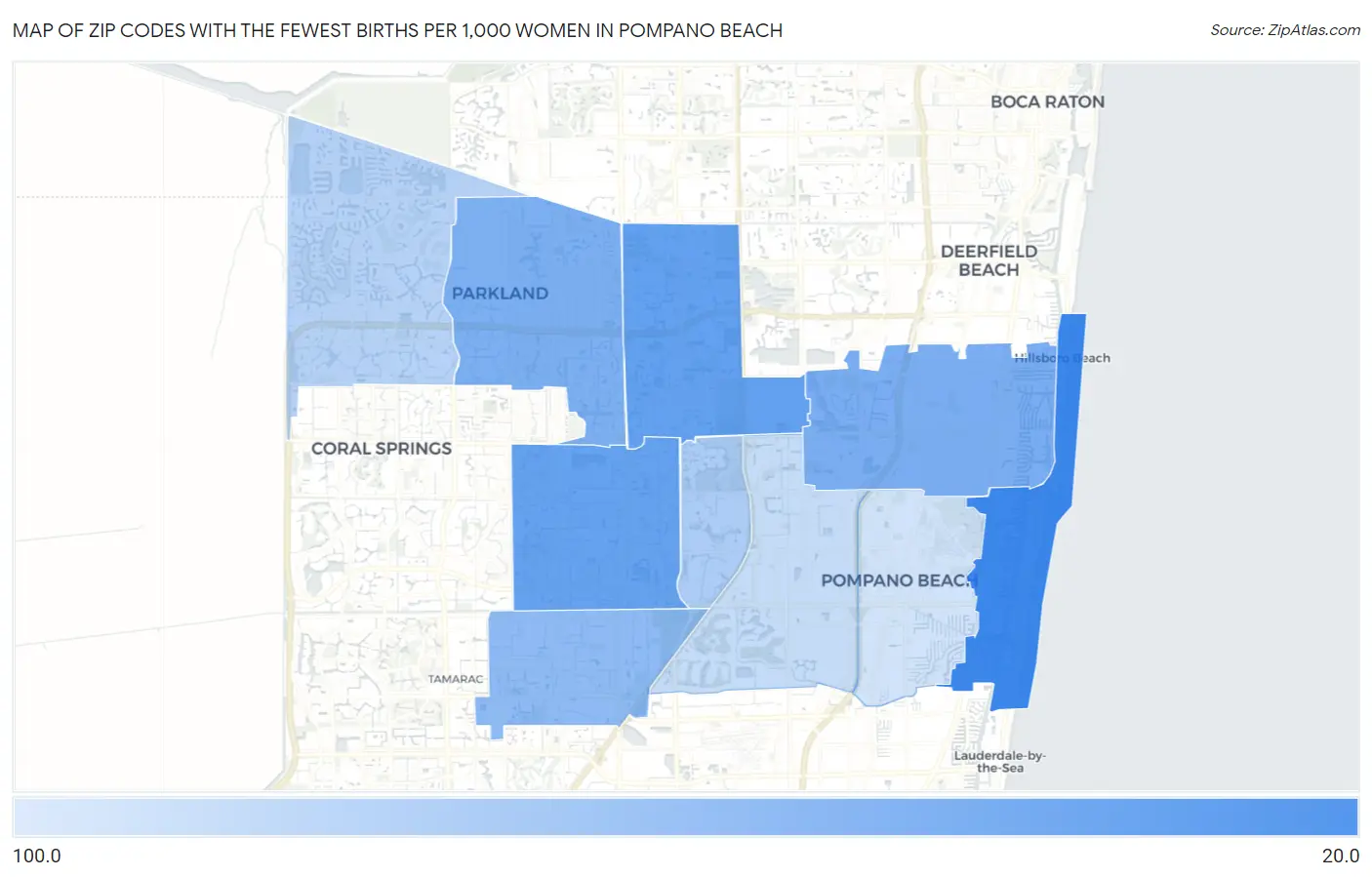 Zip Codes with the Fewest Births per 1,000 Women in Pompano Beach Map