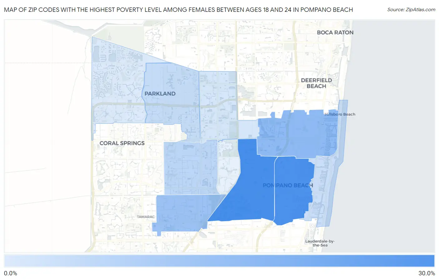Zip Codes with the Highest Poverty Level Among Females Between Ages 18 and 24 in Pompano Beach Map