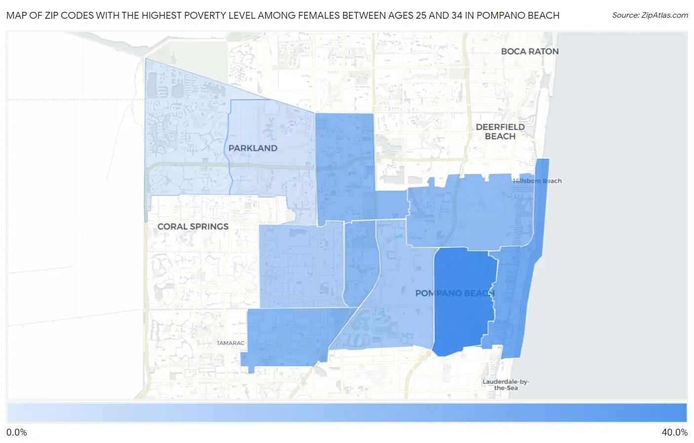 Zip Codes with the Highest Poverty Level Among Females Between Ages 25 and 34 in Pompano Beach Map