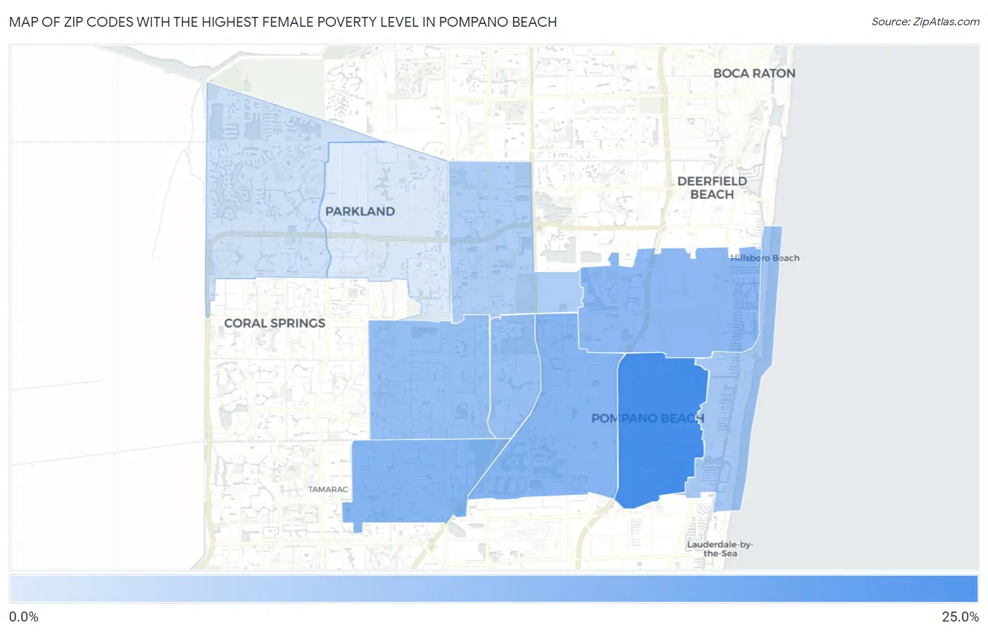 Zip Codes with the Highest Female Poverty Level in Pompano Beach Map