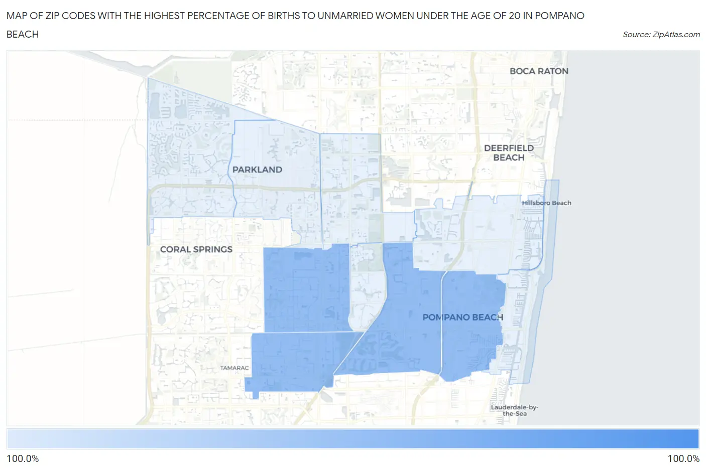 Zip Codes with the Highest Percentage of Births to Unmarried Women under the Age of 20 in Pompano Beach Map