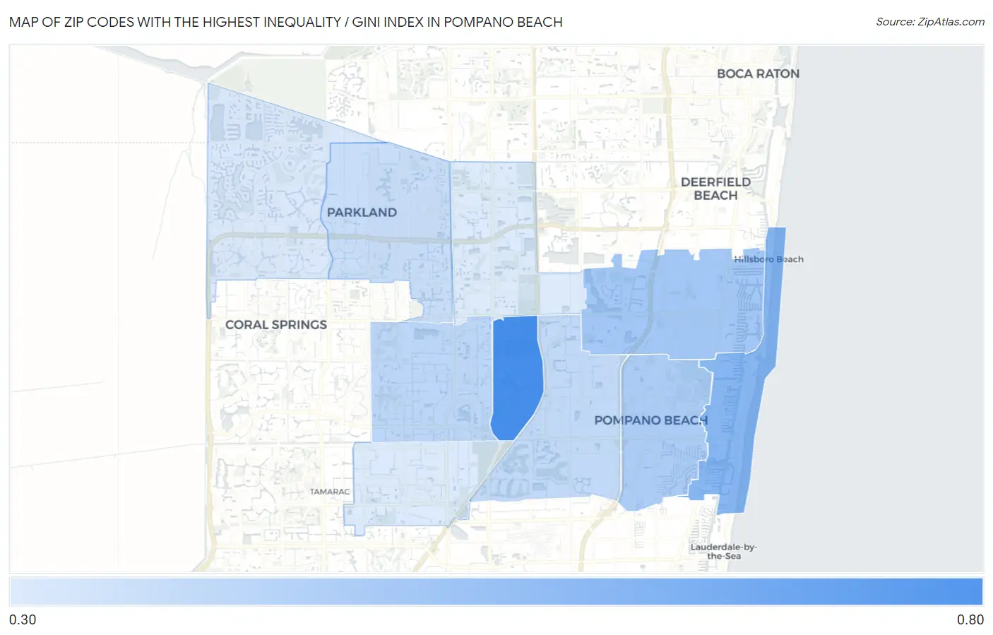 Zip Codes with the Highest Inequality / Gini Index in Pompano Beach Map