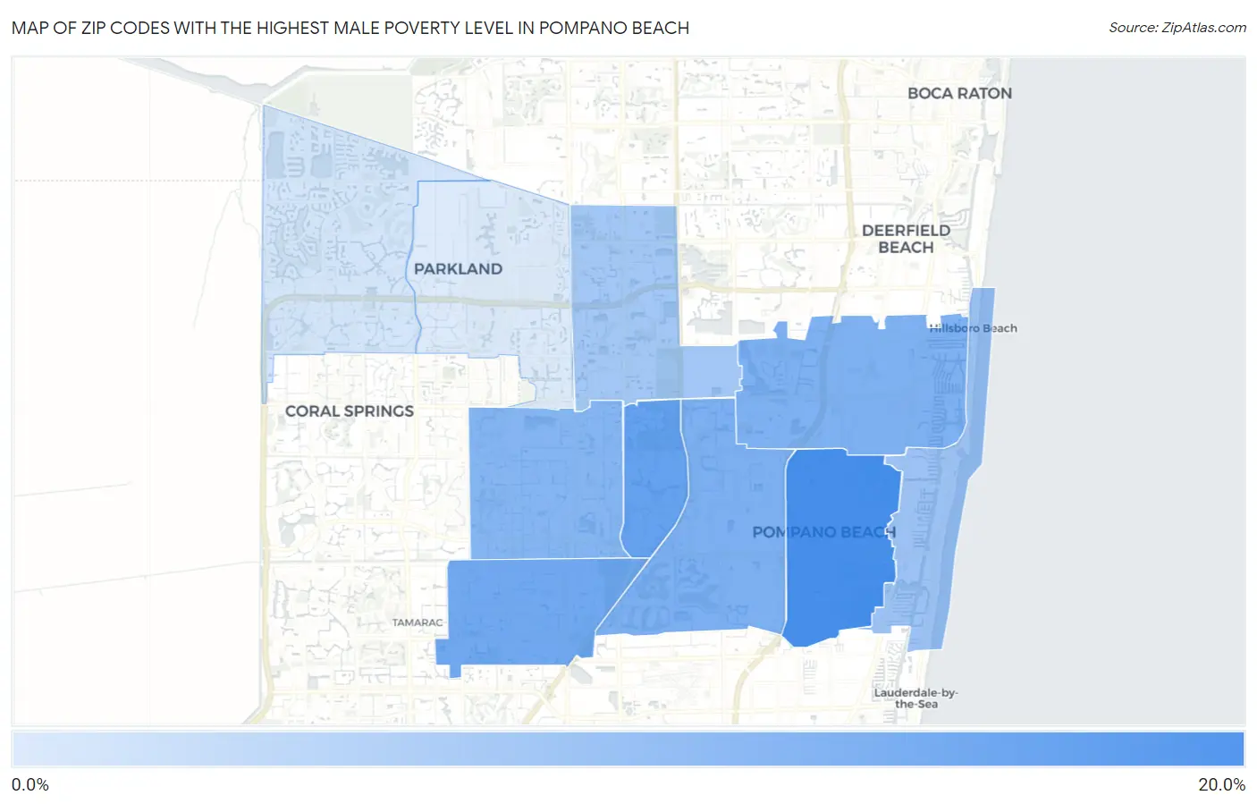 Zip Codes with the Highest Male Poverty Level in Pompano Beach Map