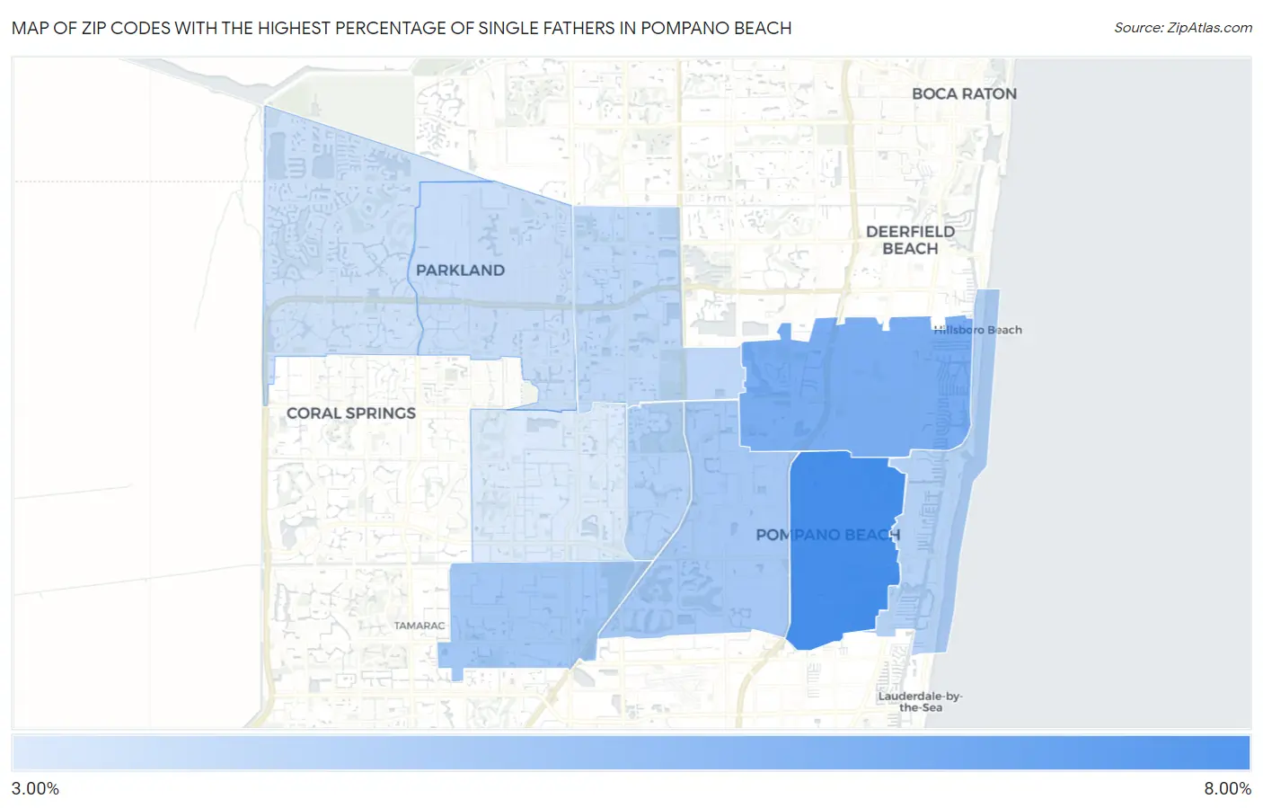 Zip Codes with the Highest Percentage of Single Fathers in Pompano Beach Map