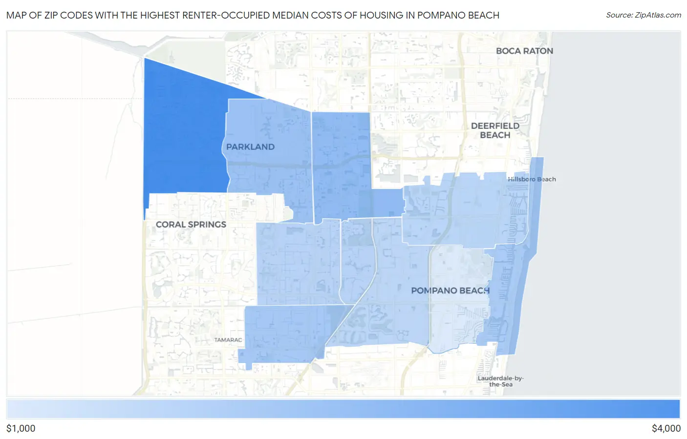 Zip Codes with the Highest Renter-Occupied Median Costs of Housing in Pompano Beach Map