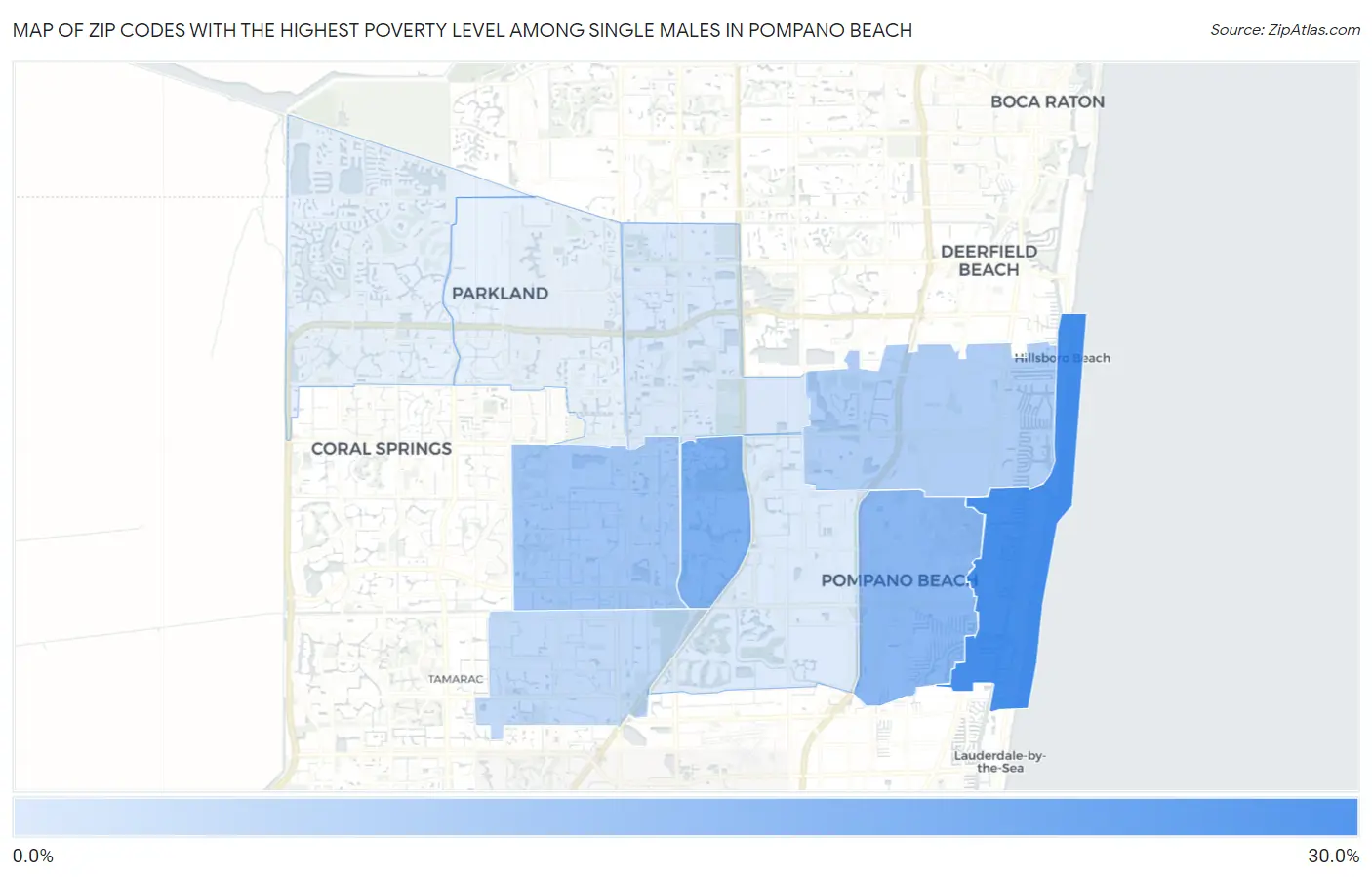 Zip Codes with the Highest Poverty Level Among Single Males in Pompano Beach Map