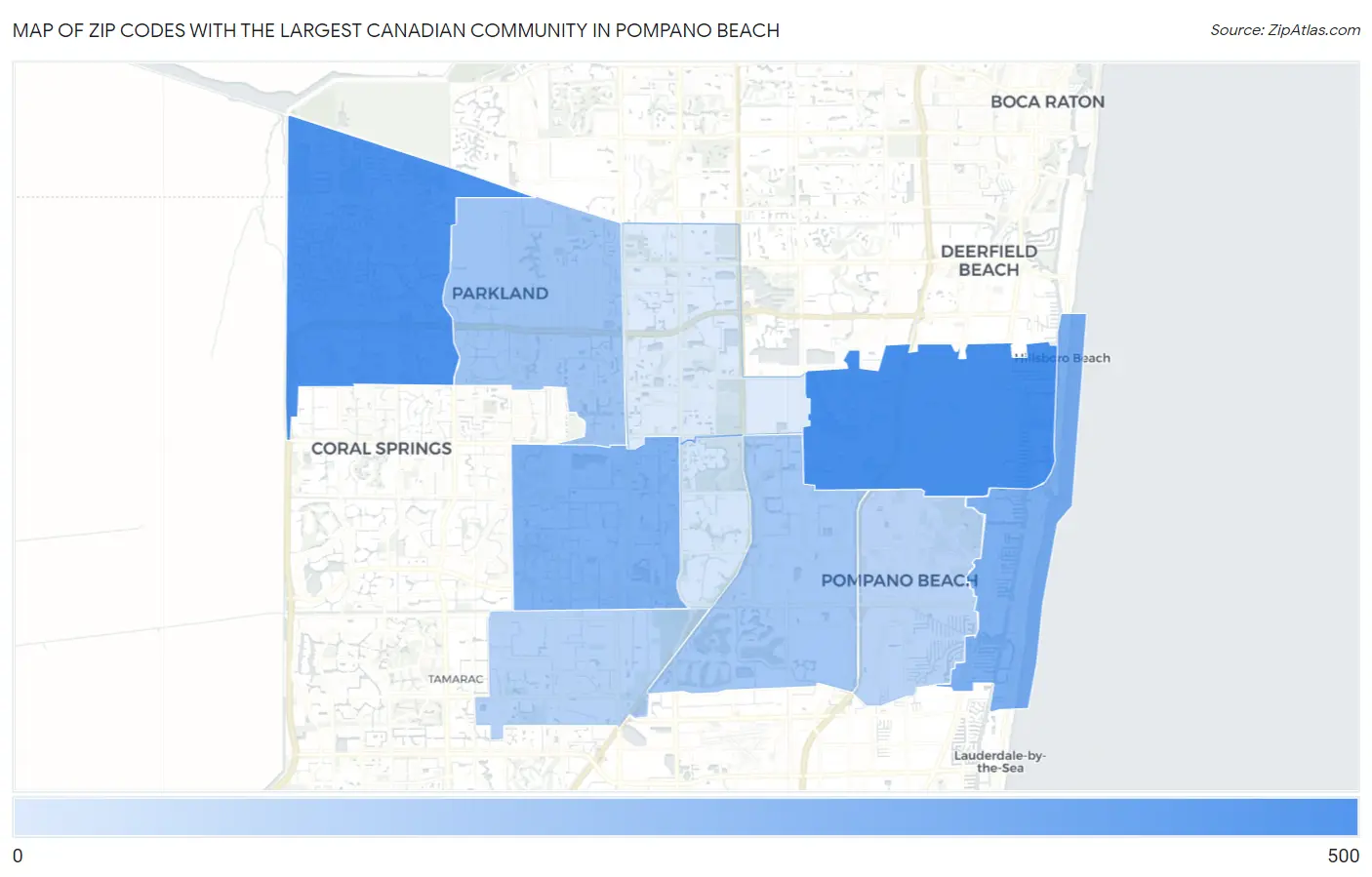 Zip Codes with the Largest Canadian Community in Pompano Beach Map