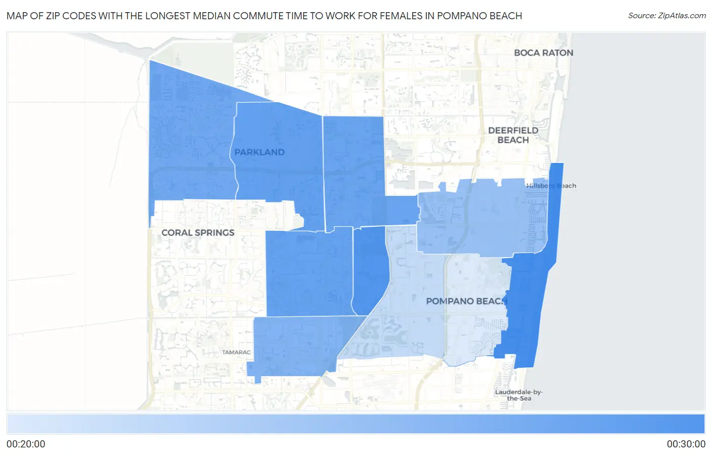 Zip Codes with the Longest Median Commute Time to Work for Females in Pompano Beach Map
