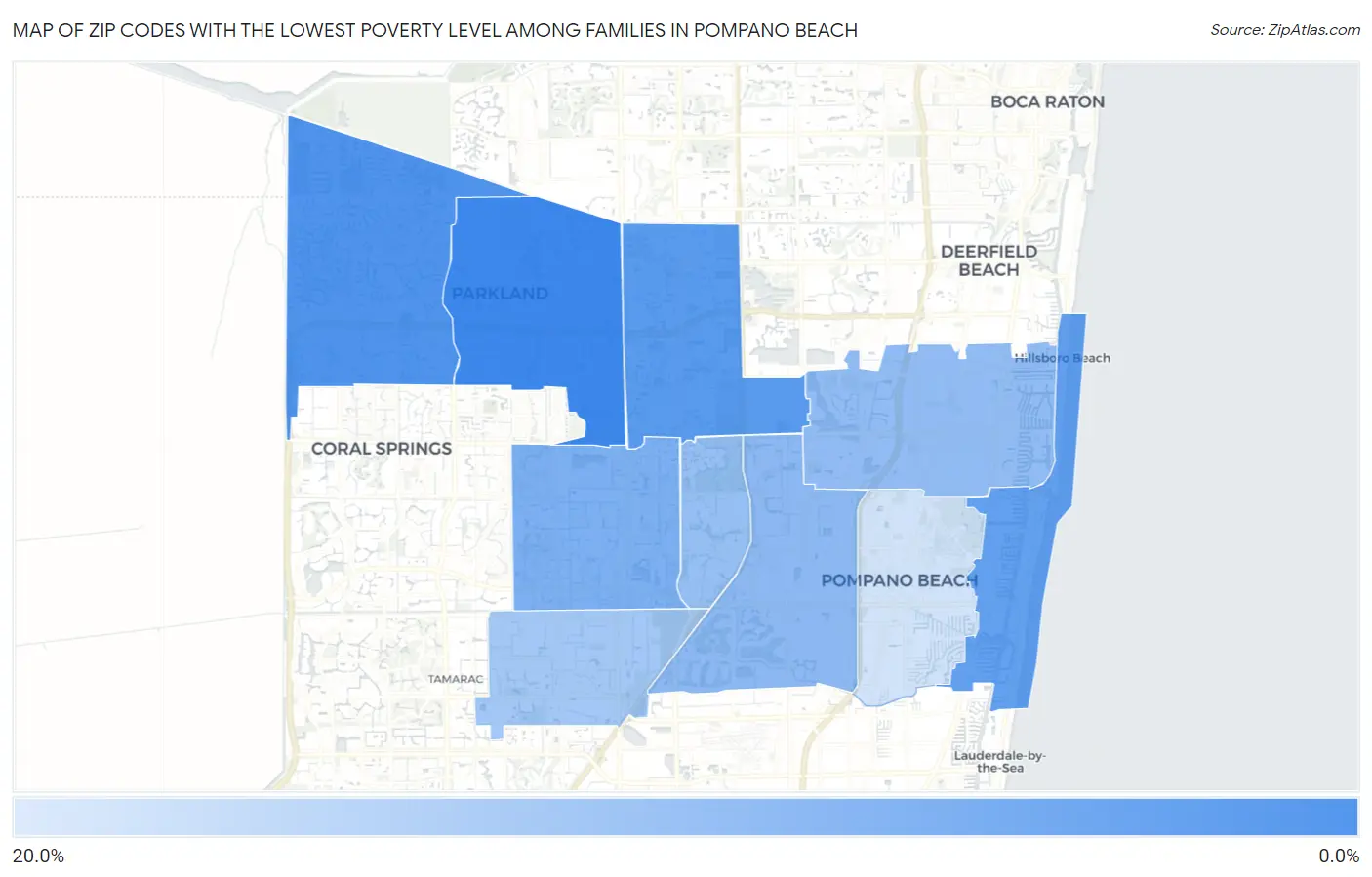 Zip Codes with the Lowest Poverty Level Among Families in Pompano Beach Map