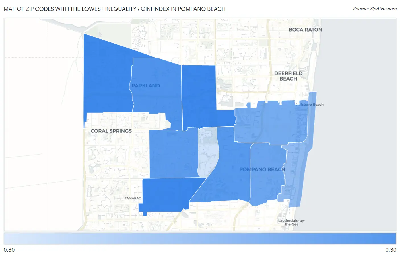 Zip Codes with the Lowest Inequality / Gini Index in Pompano Beach Map