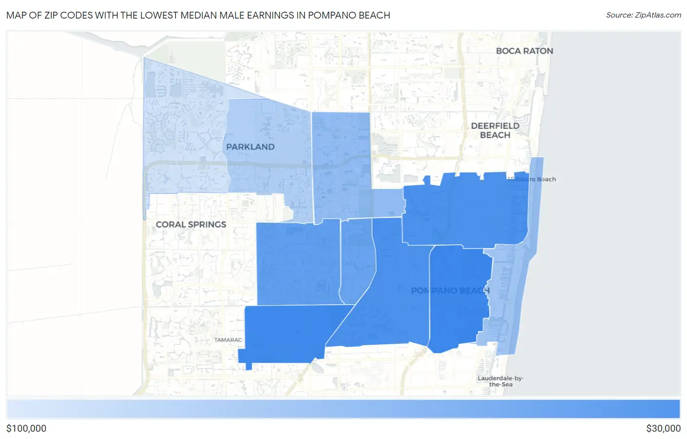 Zip Codes with the Lowest Median Male Earnings in Pompano Beach Map