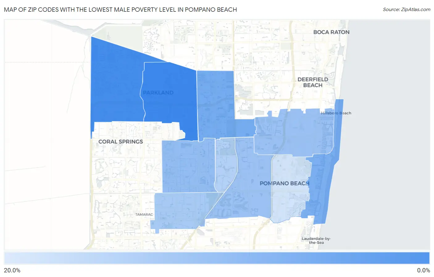 Zip Codes with the Lowest Male Poverty Level in Pompano Beach Map