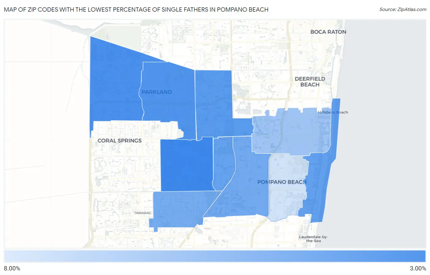 Zip Codes with the Lowest Percentage of Single Fathers in Pompano Beach Map
