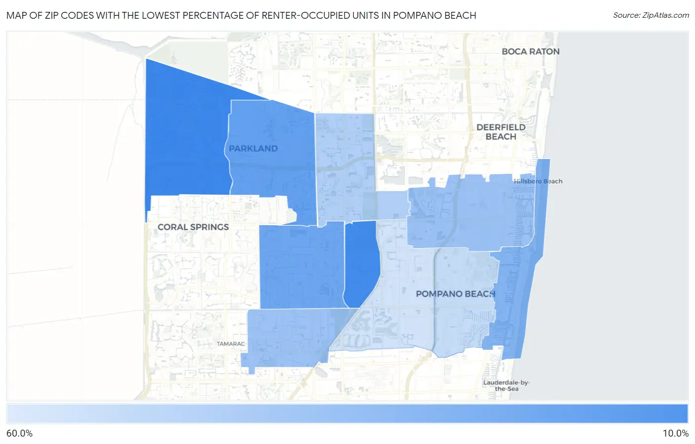 Zip Codes with the Lowest Percentage of Renter-Occupied Units in Pompano Beach Map