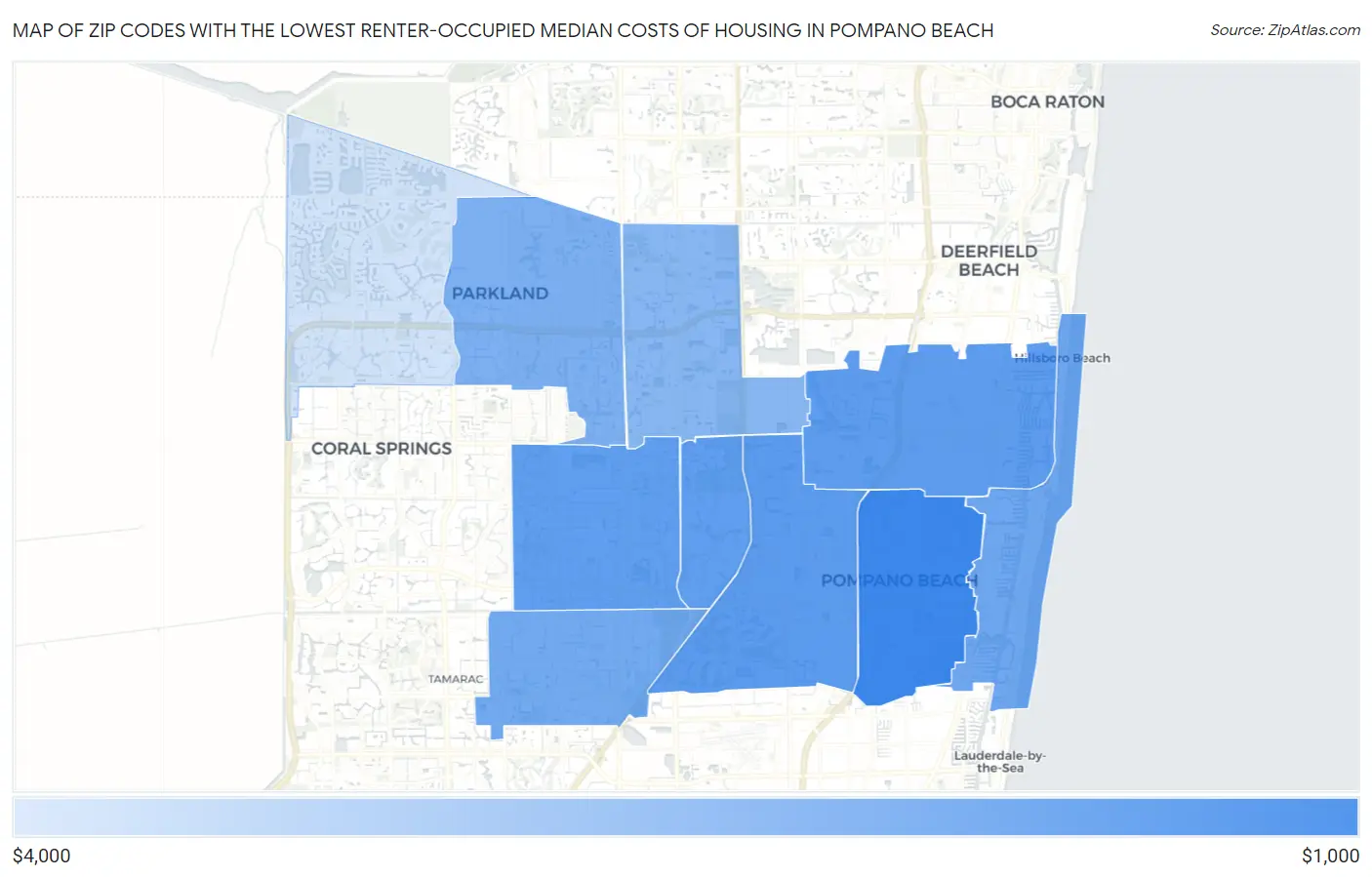 Zip Codes with the Lowest Renter-Occupied Median Costs of Housing in Pompano Beach Map